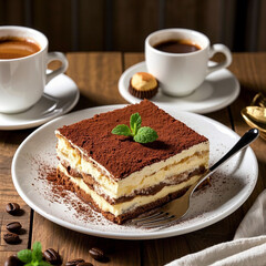 Classic Tiramisu with Coffee on Rustic Wooden Table