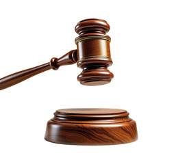 Wooden Judge Gavel with Sound Block, Justice and Law Symbol, Court Hammer with Brown Oak Wood Texture Isolated on Transparent and White Background