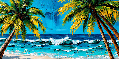 A vibrant tropical beach view with palm trees framing the scene, ocean waves crashing on the sandy shore under a clear blue sky.