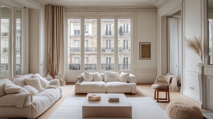 Fototapeta premium Sunlit parisian apartment interior with elegant decor and neutral tones