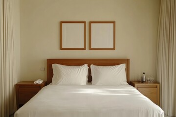 A well lit bedroom showing a bed and two framed artwork pieces