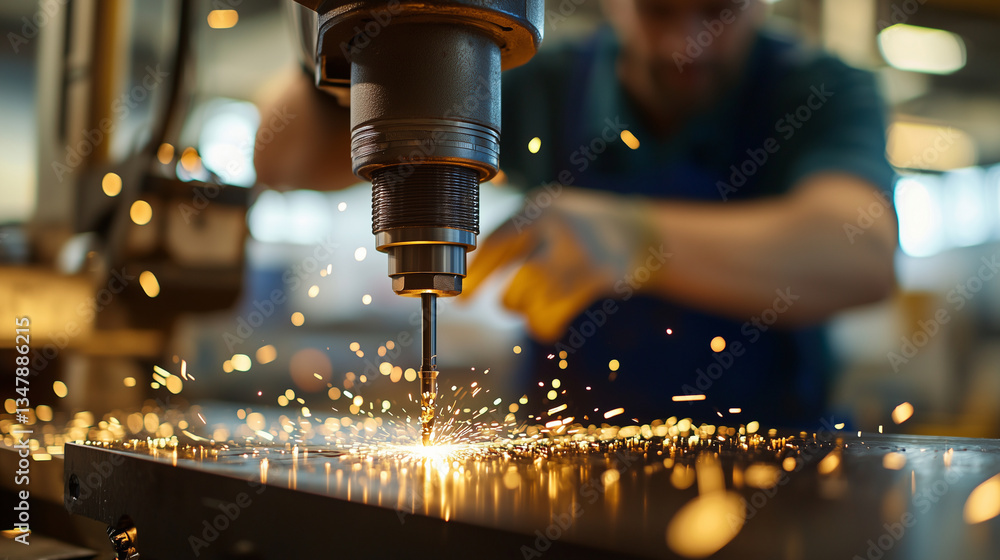 Poster focused worker using drill press in factory setting
