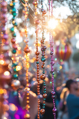 colorful beads and bokeh lights in a festive setting
