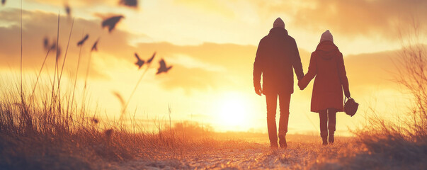A couple is walking together in a field at sunset. The sky is orange and the sun is setting
