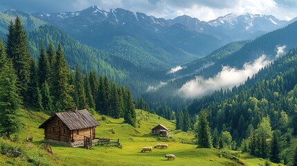 Obraz premium Alpine meadow huts with grazing sheep under a cloudy sky