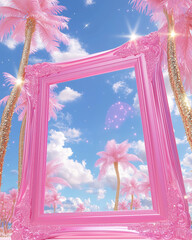 Pink paradise framed: a dreamy escape to a whimsical, glittering palm-tree haven with a vibrant pink ornate frame.