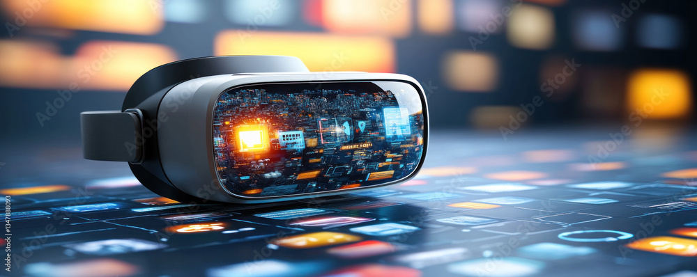 Poster a virtual reality headset is displayed on a table with a blue background. the headset is surrounded 