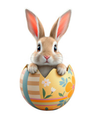 Cute Easter Bunny Peeking from Decorated Floral Pattern Egg with Pink Nose and Long Ears Isolated on Transparent and White Background