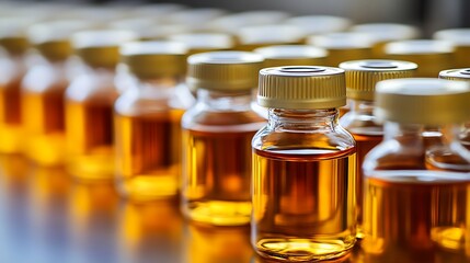 Amber Liquid in Glass Vials: A Close-Up View of Pharmaceutical or Chemical Samples