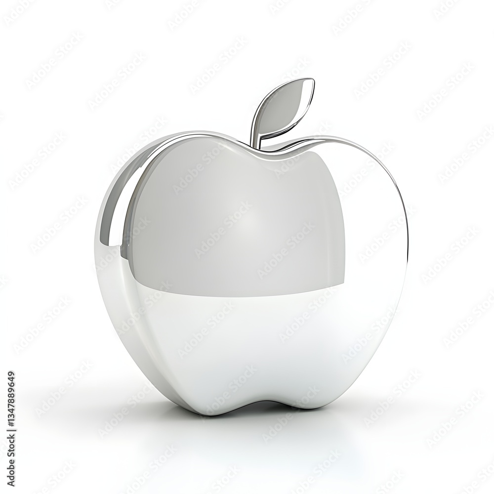 Poster A captivating image of a chrome apple, reflecting light with a mirror-like finish. The sleek design and clean background create a modern aesthetic. Fruit Isolated on a white background.