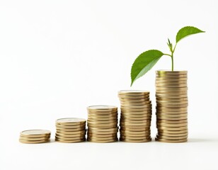 Growing Money Plant Sprouting from Stacks of Gold Coins, Financial Growth Concept