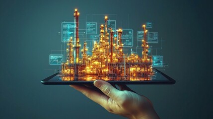 Futuristic digital oil refinery model on tablet with glowing structures, showcasing industrial technology and innovation in energy sector