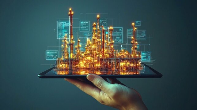 Futuristic digital oil refinery model on tablet with glowing structures, showcasing industrial technology and innovation in energy sector - Powered by Adobe