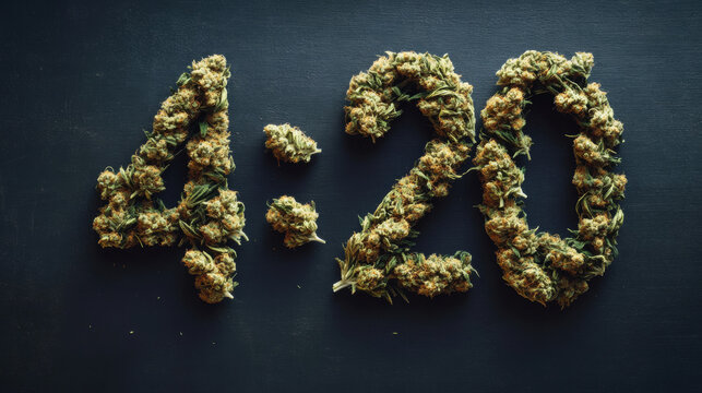 4:20 Day made of cannabis leaves. 420, celebration and consumption of cannabis and marijuana, liberalization and legalization.