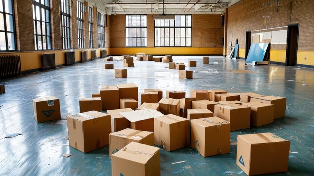 Cardboard Boxes Scattered Across a Spacious Room Relocation, Storage, Moving, Logistics Concept.