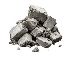 Pile of Broken Concrete Blocks in Random Arrangement on a White Background