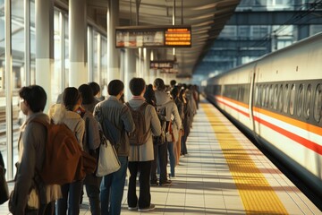 Commuters line up at a well-lit platform as a high-speed train approaches. The atmosphere is busy, typical of a morning rush hour in a vibrant city.