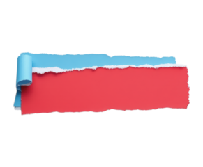 Torn Red Paper Strip with Curled Blue Edge Revealing Layer Effect, Realistic Ripped Paper Design Element Isolated on Transparent and White Background