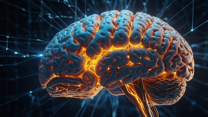 Glowing human brain surrounded by intricate neural connections, representing human creativity and intellect