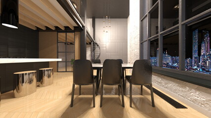 夜景が見えるリビングルーム　3DCGレンダリング