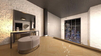 夜景が見えるリビングルーム　3DCGレンダリング