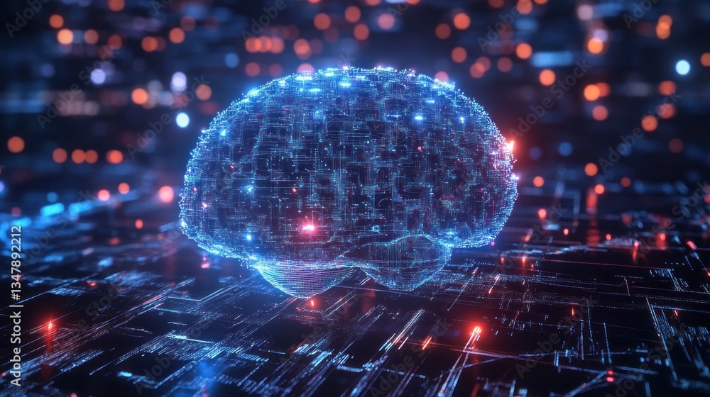 Poster a digital ai brain evolving into superintelligence.