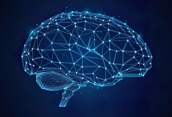A stylized 3D digital rendering of a human brain depicted as a glowing network of interconnected nodes and lines against a dark blue background