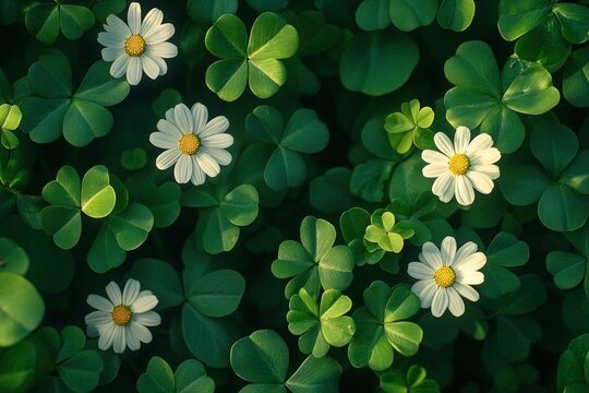 Fresh green clover and daisies in sunlight, capturing a vibrant spring scene with flowers and leaves, symbolizing nature s beauty
