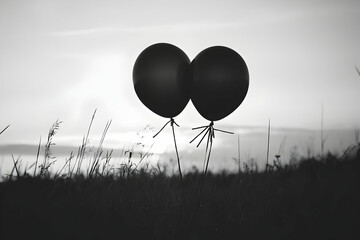 Black and White Balloons in a Field, A Minimalist Celebration of Life's Simple Moments