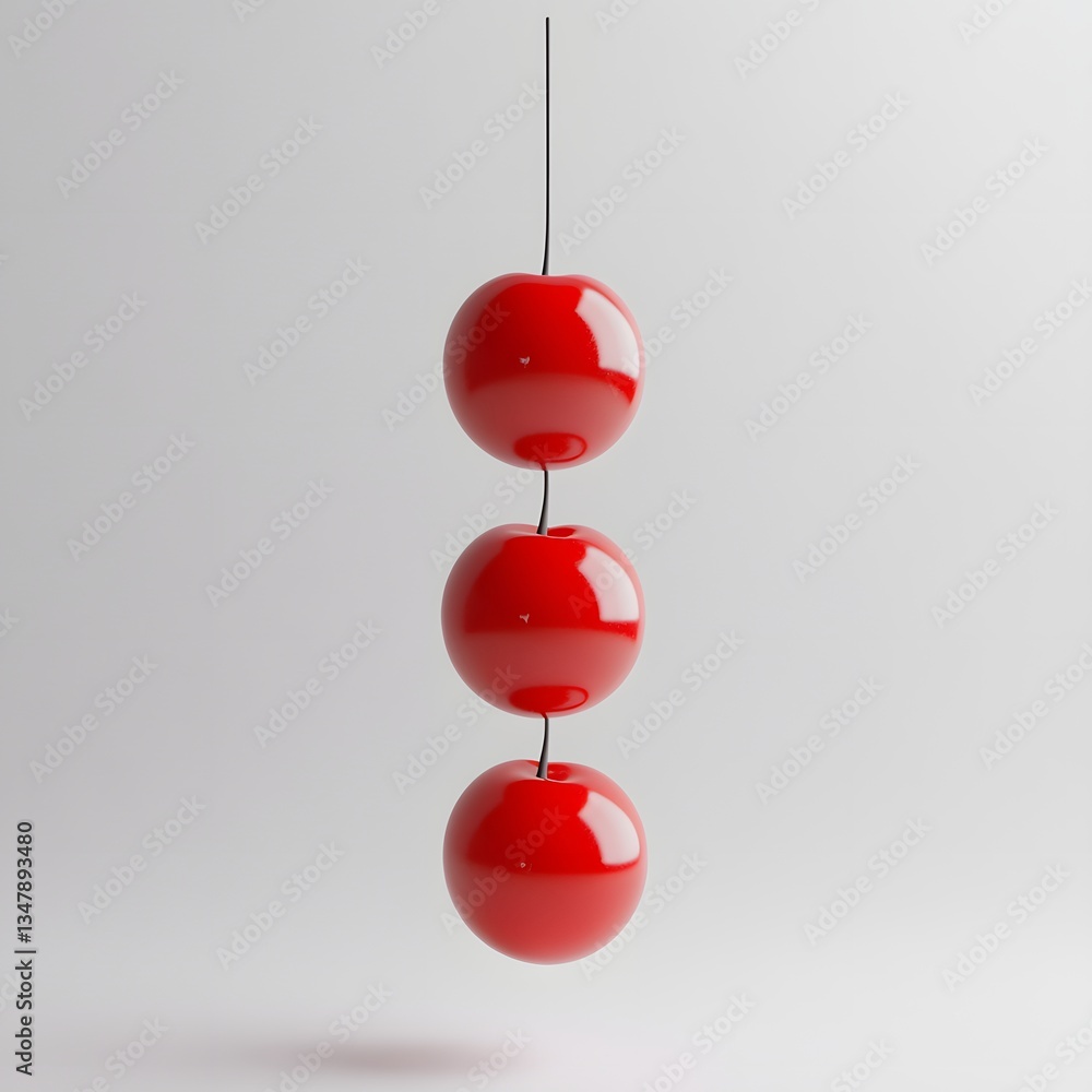 Poster three glossy red spheres hang vertically against a plain white background. this minimalist compositi