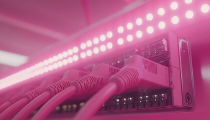 Network switch with cables illuminated by pink lights