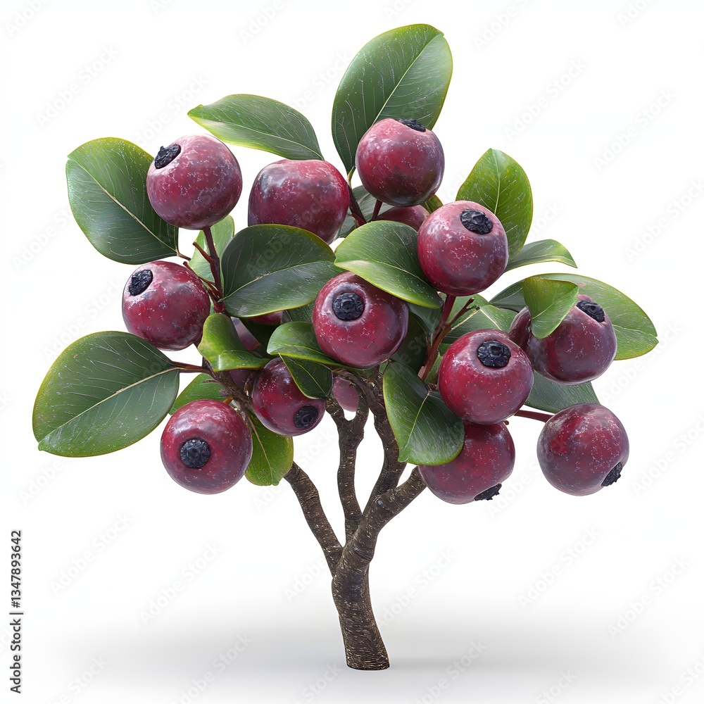Poster a captivating 3d render showcasing a miniature berry tree, abundant with dark red berries and vibran