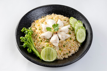 Crab fried rice on the white background.