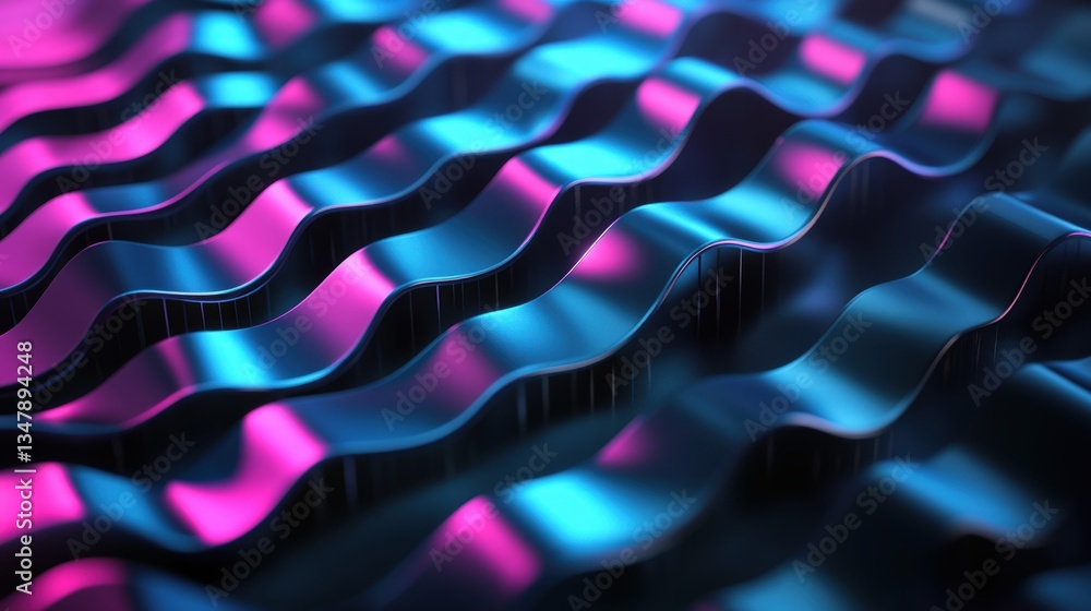 Poster abstract close-up of flowing metallic ribbons in deep blue and vivid pink shades creating a wave-lik