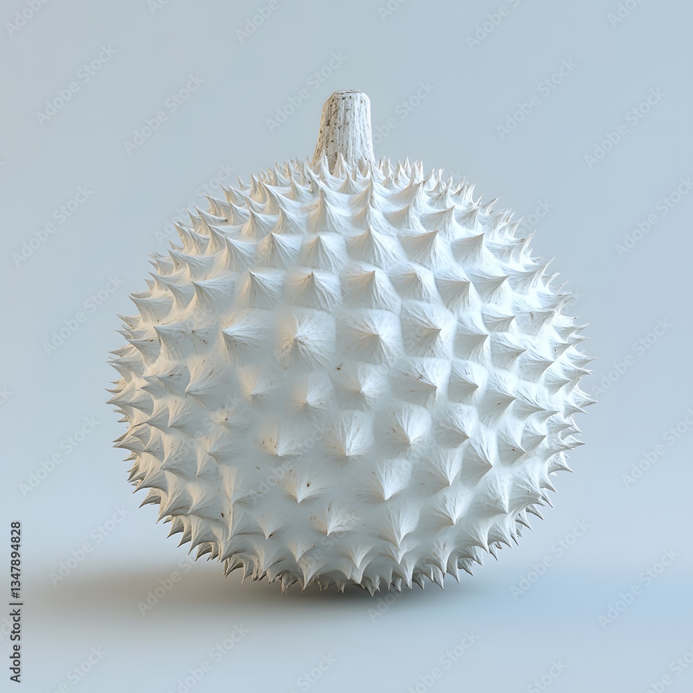 Poster 3D Render of a unique white spiky sphere. Abstract textured ball against a plain background. Fruit Isolated on a white background. Durian Fruits 3d render design