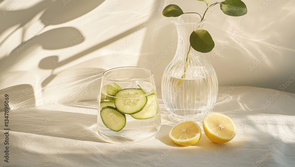 Poster refreshing beverage setup featuring sliced cucumber, lemon halves, elegant glassware, and soft sunli