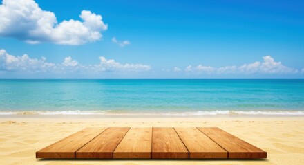 Fototapeta premium A serene beach scene with sandy shores and a tranquil turquoise ocean beneath a clear blue sky and fluffy clouds. A wooden deck invites relaxation and sunbathing.