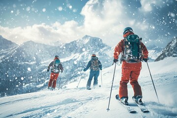Three skiers ascend a snow-covered mountain trail, dressed in colorful winter gear. Flurries of snow fall lightly as they enjoy their outdoor adventure in a stunning alpine setting.