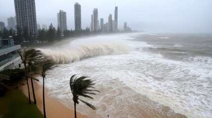 Heavy surf with breaking waves with wind spray and threatening skies with Surfers Paradise in the background as the edge of cyclone Alfred touches on the Gold Coast in Queensland, Australia.
