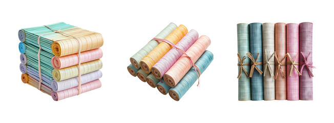 Obraz premium Colorful Rolls of Fine Fabric Stacked Neatly for Textile Backgrounds