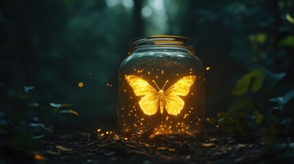 Enchanting glowing butterfly in a glass jar, nestled in a mystical forest