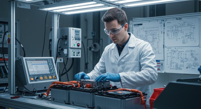 A technician in a lab coat and safety goggles is working on a battery system, analyzing components in a tech-equipped workspace focused on energy solutions.