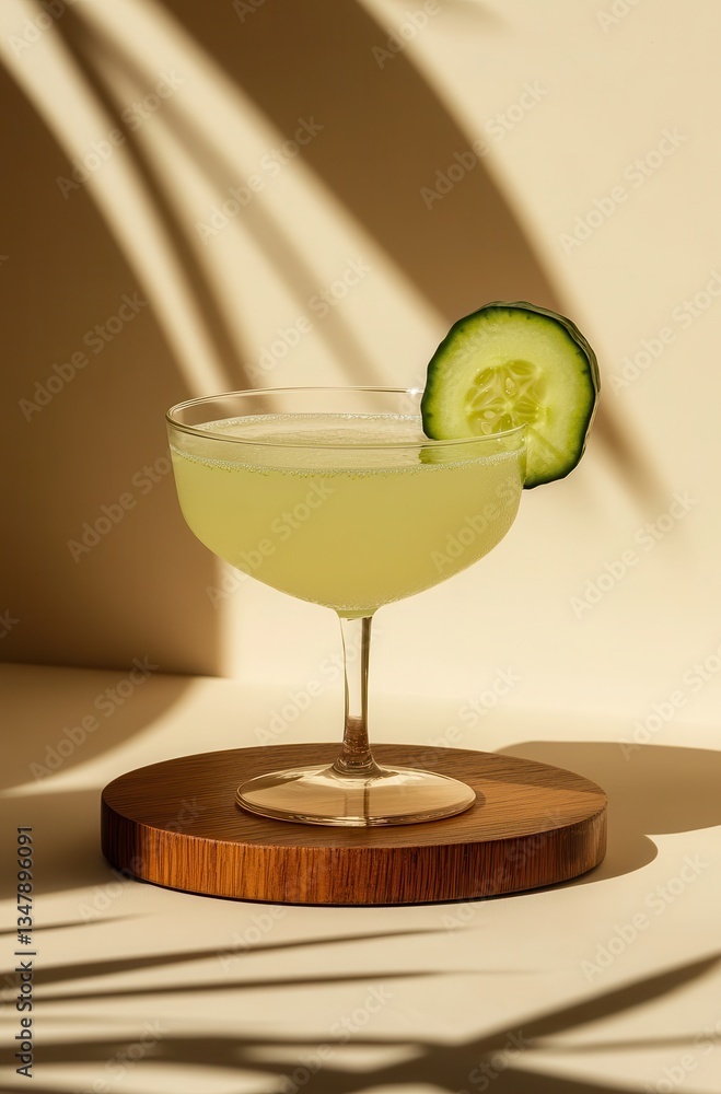 Poster refreshing cocktail with cucumber garnish in elegant glass setting against warm background shadows p