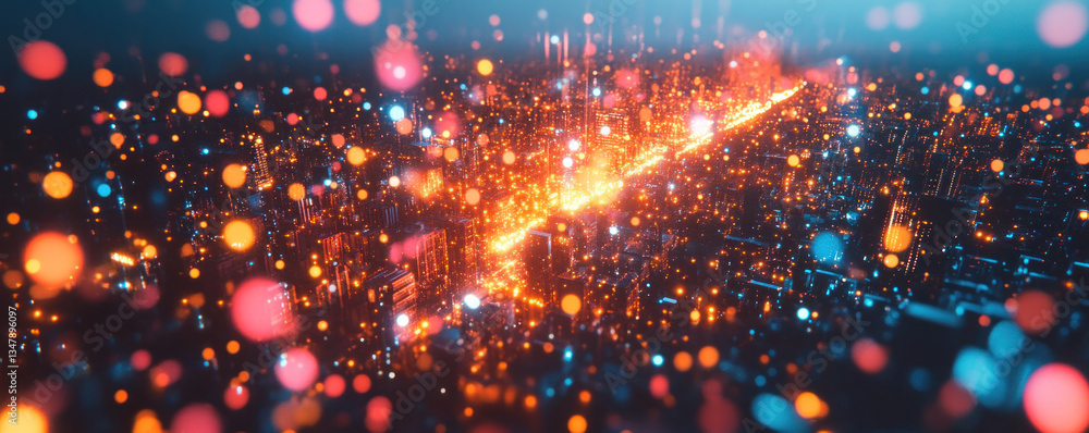 Poster a cityscape with a bright orange line running through it. the city is lit up with bright lights, cre