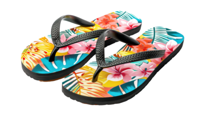Colorful flip-flops with tropical floral pattern on transparent background