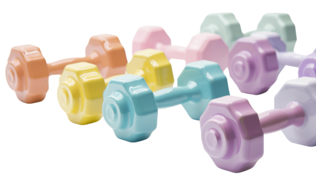 Pastel colored dumbbells forming a colorful fitness pattern on transparent background - Powered by Adobe