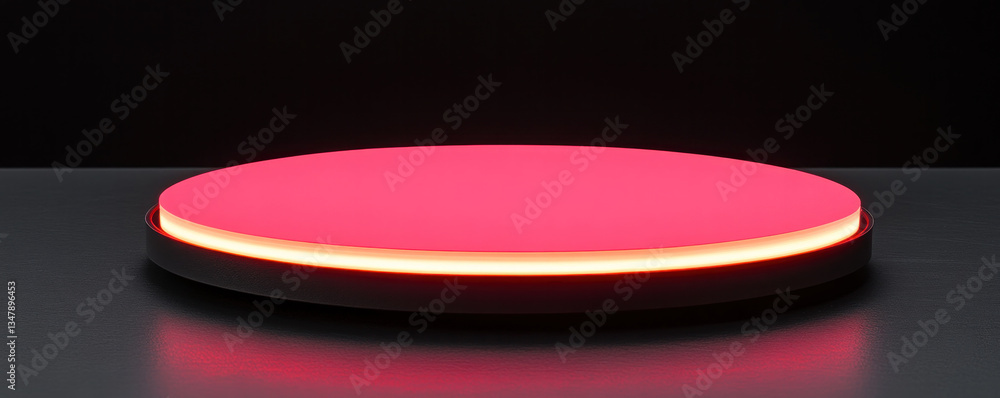 Poster a red object with a white border sits on a black surface. the red object is illuminated, creating a 