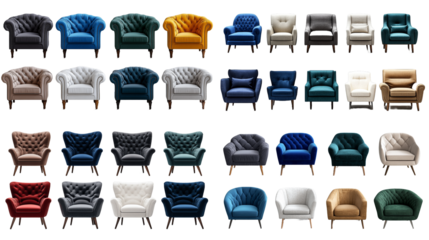 Collection of ThirtySix Armchairs in Various Colors and Fabrics Isolated on transparent Background