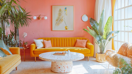 Bright boho living room with yellow sofas, pink textured walls, terrazzo coffee table, tropical plants, and warm sunlight. Cozy, modern, and stylish decor, home inspiration and Zoom background.