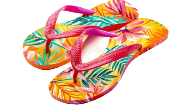 Colorful flip-flops with tropical floral print on transparent background